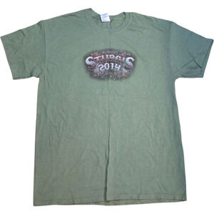 Sturgis Black Hills Rally 2014 Biker T-Shirt Green L Gildan Motorcycle USA Flag